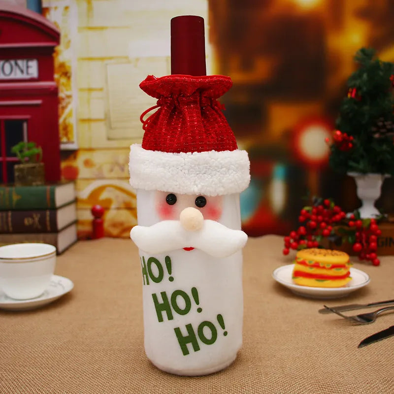 Plush Christmas wine bottle cover with a 3D Santa Claus design and drawstring top
