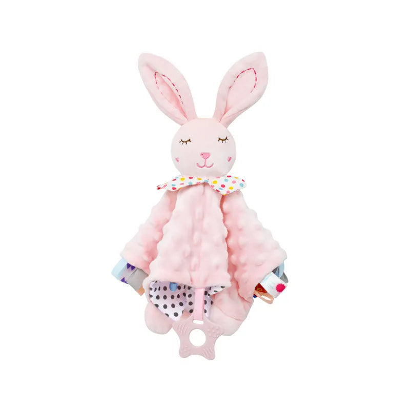Pink rabbit baby security blanket in soft minky dot plush with sensory tags and star teether