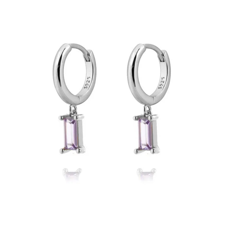 Silver hoop earrings with regal purple rectangle zircon drops and sterling silver posts
