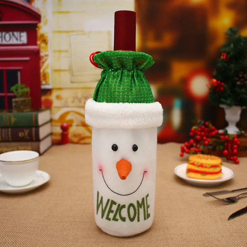 Plush Christmas wine bottle cover with a snowman design and drawstring top