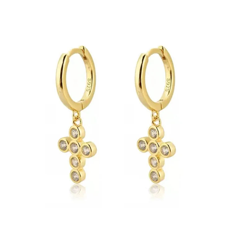 Gold cross hoop earrings with sparkling cubic zircon and sterling silver posts