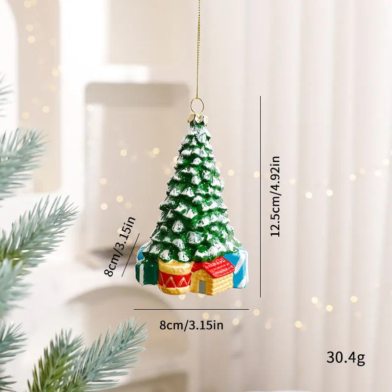 Hand-painted glossy Christmas tree hanging ornament with faux snow and gift box details