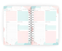 Inside pages of an A5 planner showing daily schedule, to-do list, and habit tracker