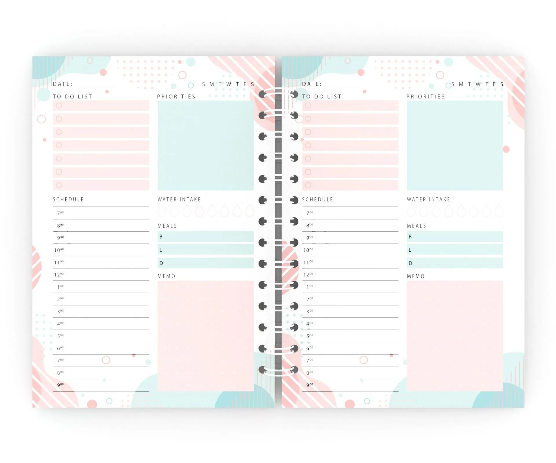 Inside pages of an A5 planner showing daily schedule, to-do list, and habit tracker