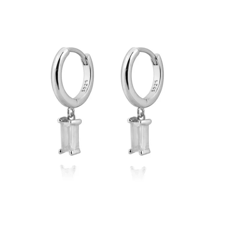 Silver hoop earrings with clear step-cut rectangle zircon drops and sterling silver posts