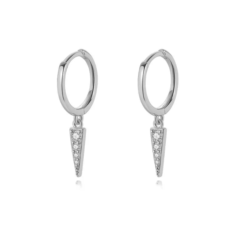 Silver spike charm hoop earrings with four clear zircon stones and sterling silver posts