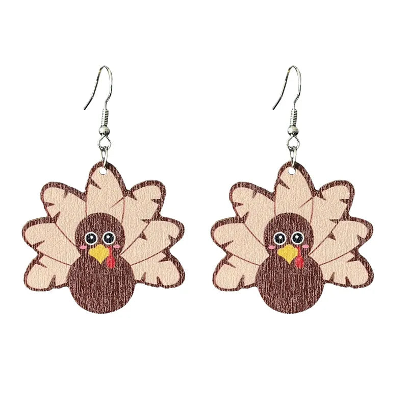 Wooden cartoon turkey dangle earrings in warm brown and beige Thanksgiving tones