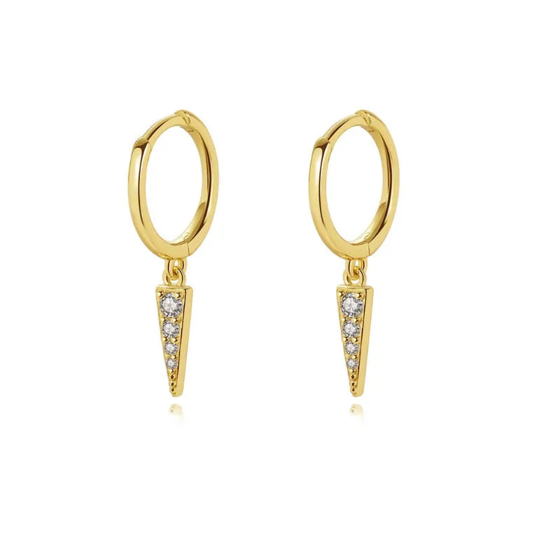 Gold spike cone hoop earrings with four zircon stones and sterling silver posts