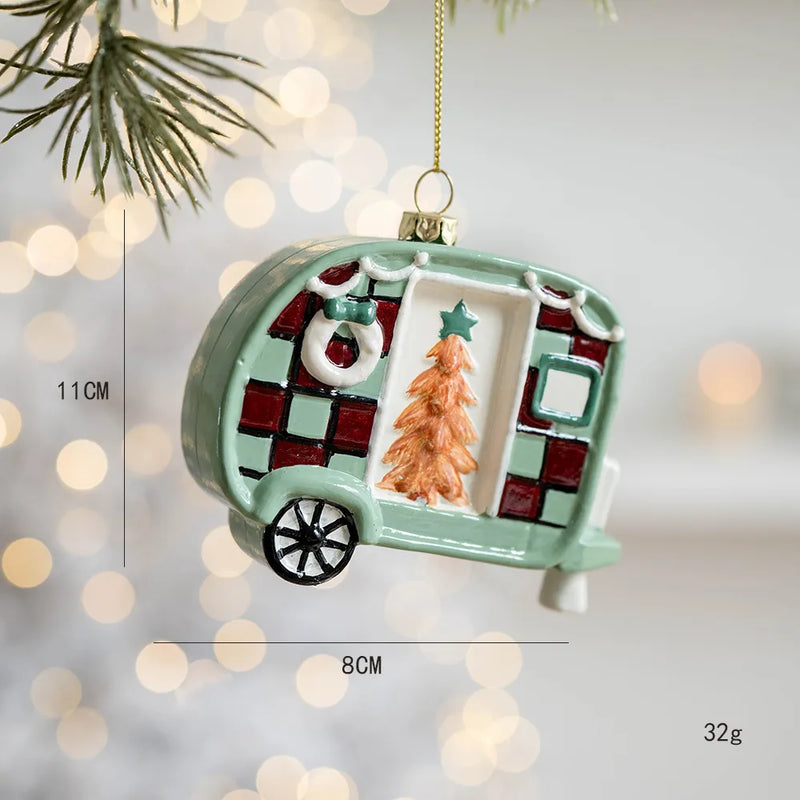 Light green retro camper RV Christmas ornament with plaid pattern and a Christmas tree