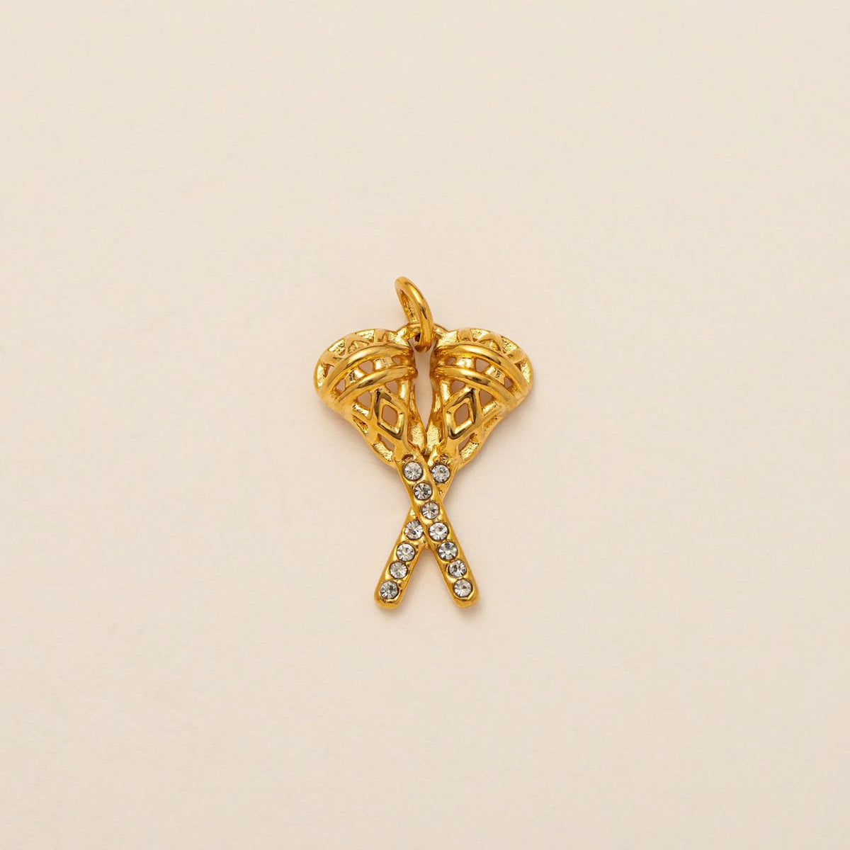 18K gold plated crossed lacrosse sticks charm pendant with sparkling crystals