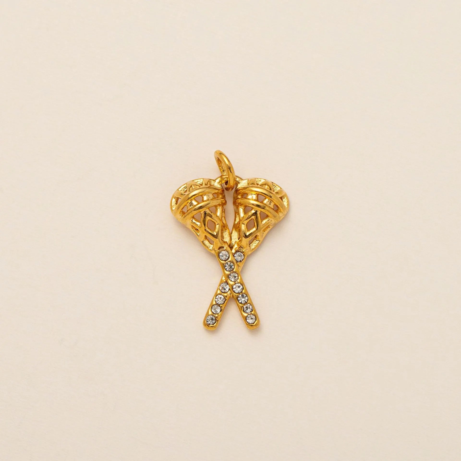 18K gold plated crossed lacrosse sticks charm pendant with sparkling crystals