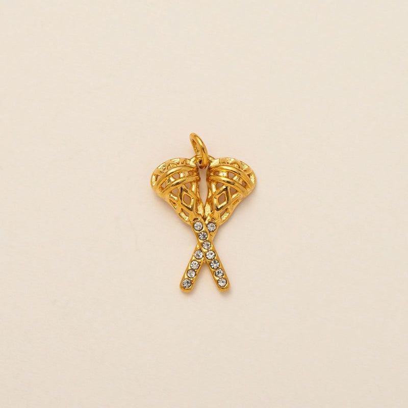 18K gold plated crossed lacrosse sticks charm pendant with sparkling crystals