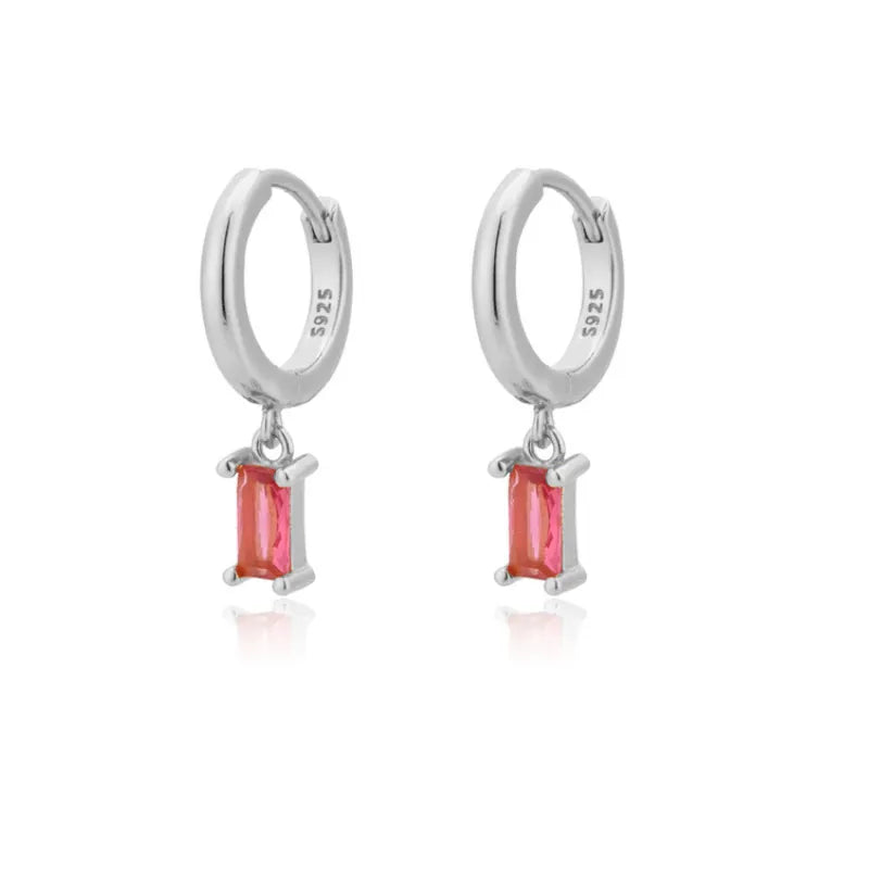 Silver hoop earrings with rich red rectangle zircon drops and sterling silver posts