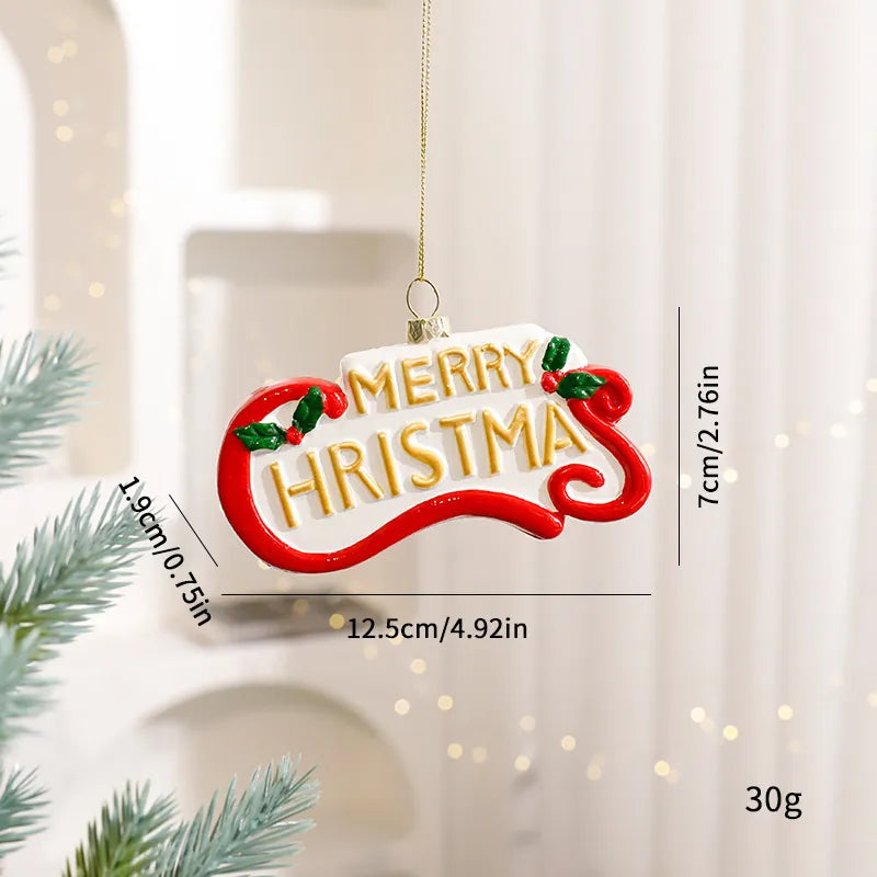 Hand-painted glossy red Merry Christmas letter sign ornament with gold relief and leaf details