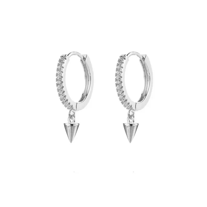 Silver cone drop hoop earrings with zircon pavé accent and sterling silver posts