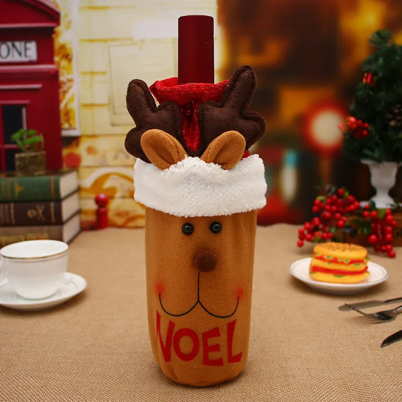 Plush Christmas wine bottle cover with a reindeer design and Noel print