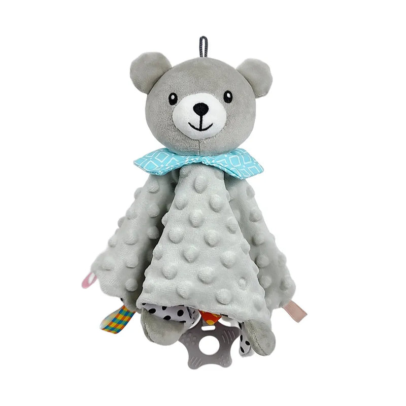 Grey bear baby security blanket in soft minky dot fabric with sensory tags and star teether