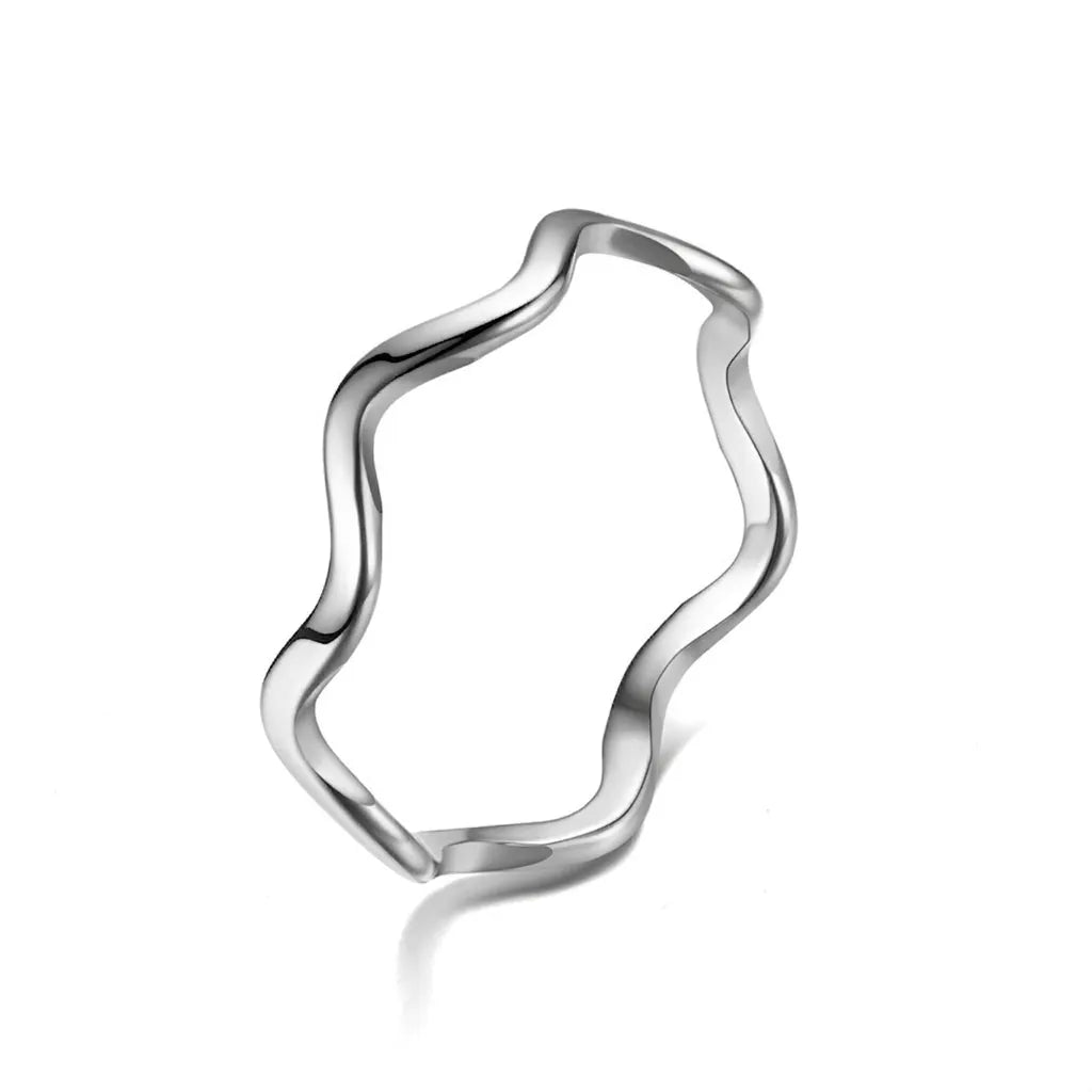 Silver minimalist wavy stainless steel stackable ring with a polished mirror finish