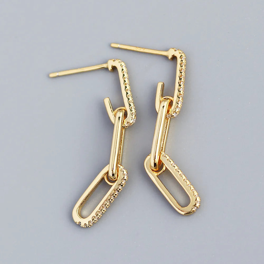 Gold 925 sterling silver geometric chain-link drop earrings paved with zircon rhinestones