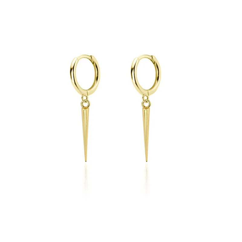 Gold long slim spike huggie hoop earrings with sterling silver posts