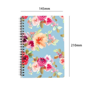 Floral A5 spiral notebook showing 145mm by 210mm dimensions