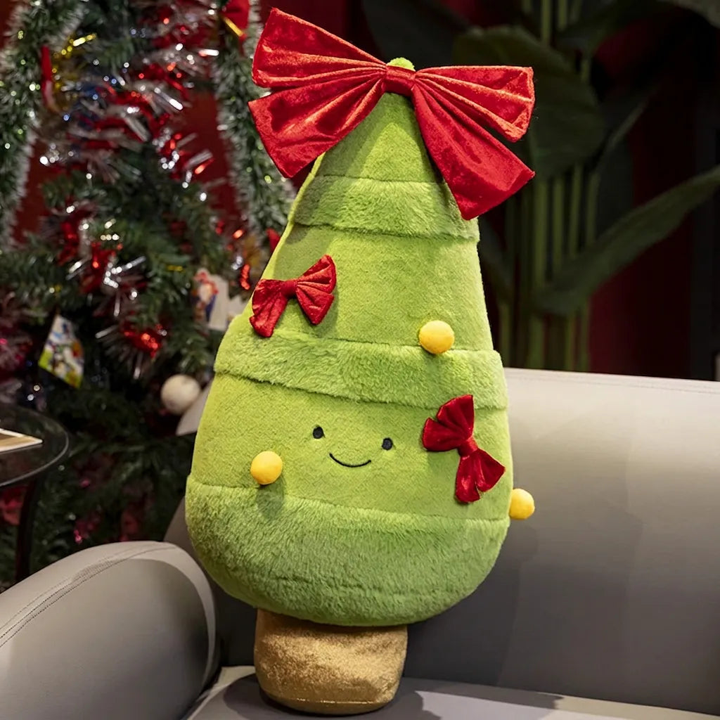 Premium green plush Christmas tree toy with a large red velvet bow and festive details