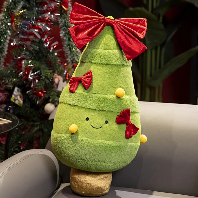 Premium green plush Christmas tree toy with a large red velvet bow and festive details
