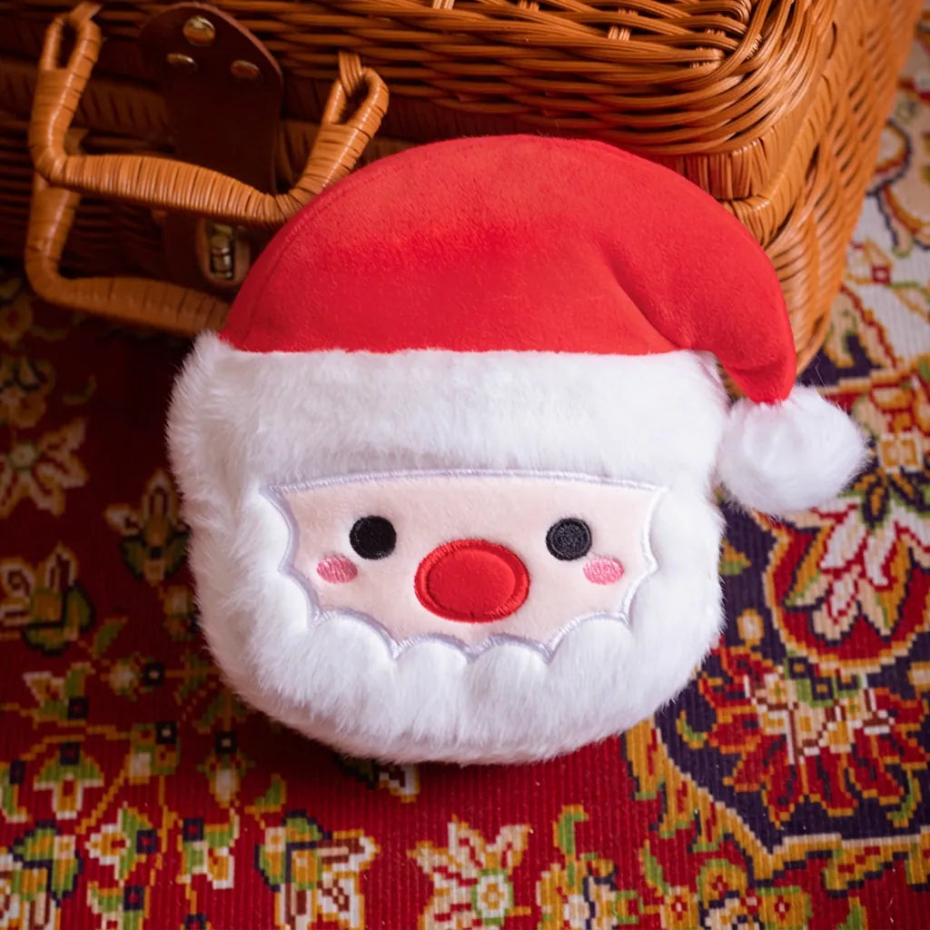 Small soft plush Santa Claus head toy with embroidered face and white beard