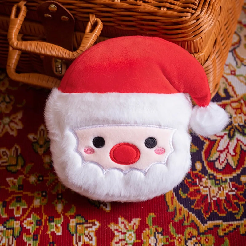 Small soft plush Santa Claus head toy with embroidered face and white beard