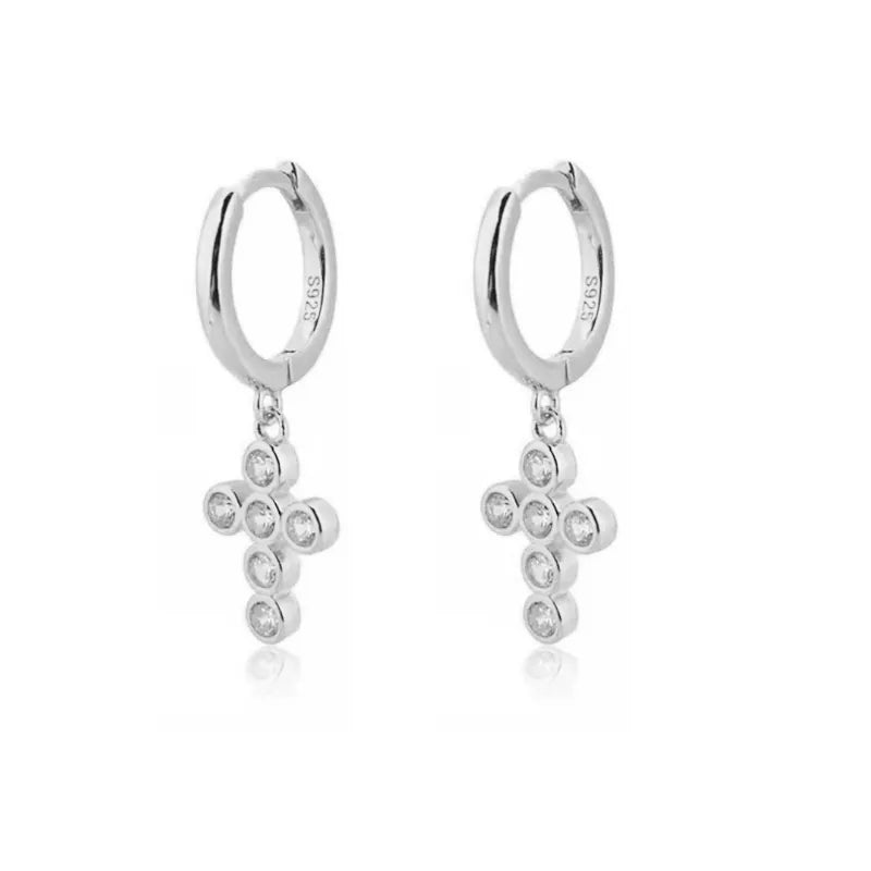 Silver cross hoop earrings with sparkling cubic zircon and sterling silver posts