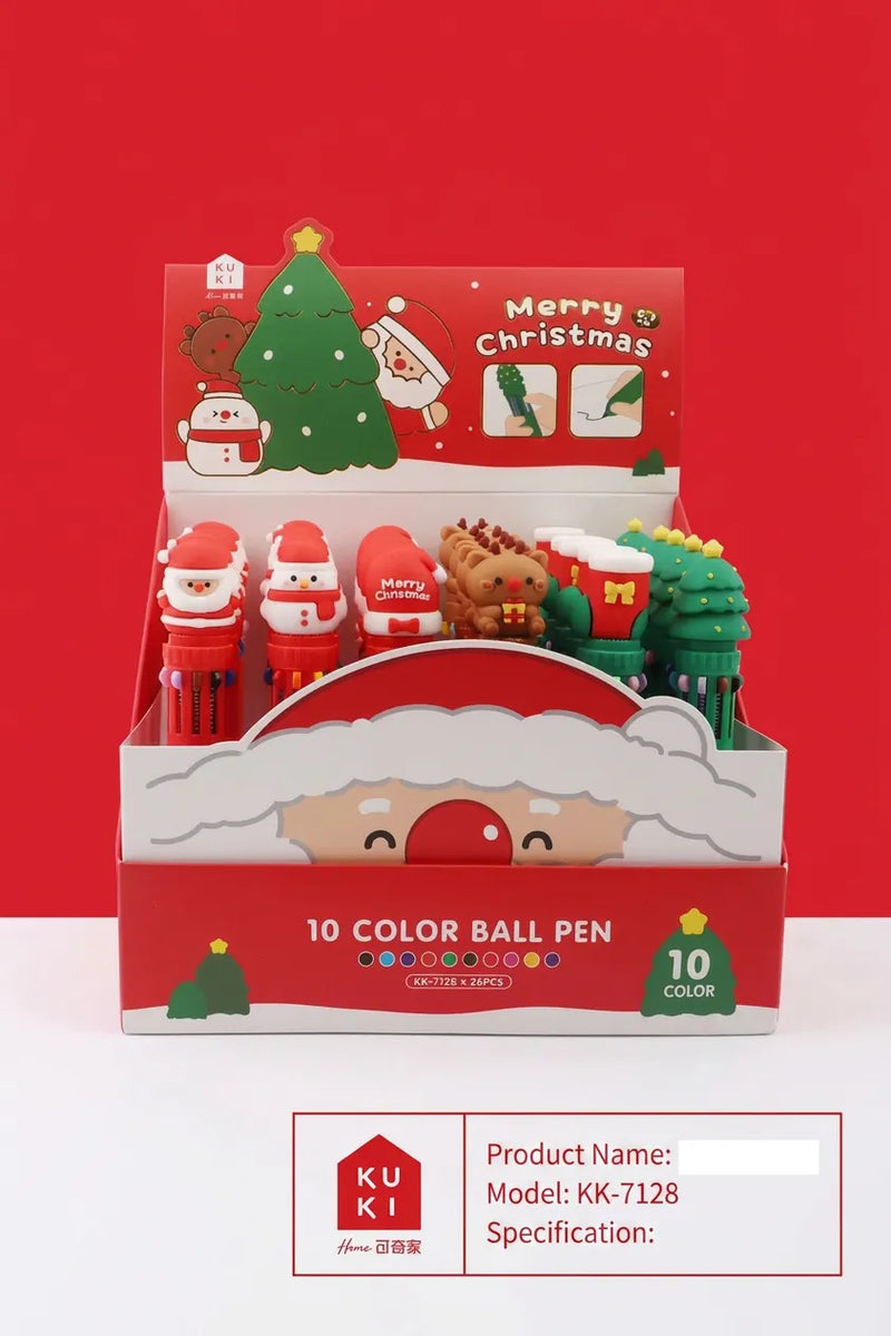 Christmas 10-color retractable ballpoint pen with a cute 3D holiday silicone topper