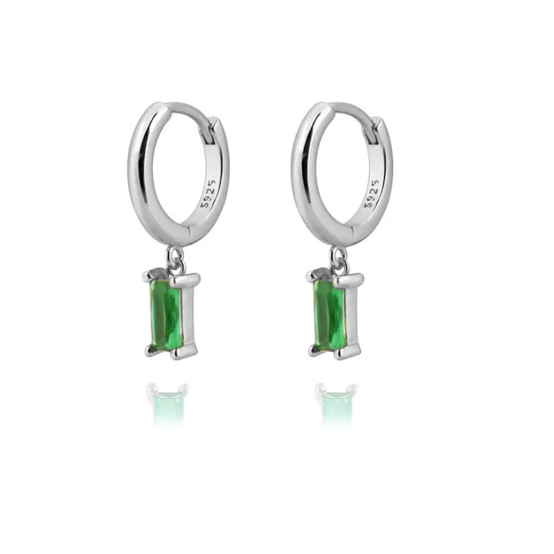 Silver hoop earrings with emerald green rectangle zircon drops and sterling silver posts