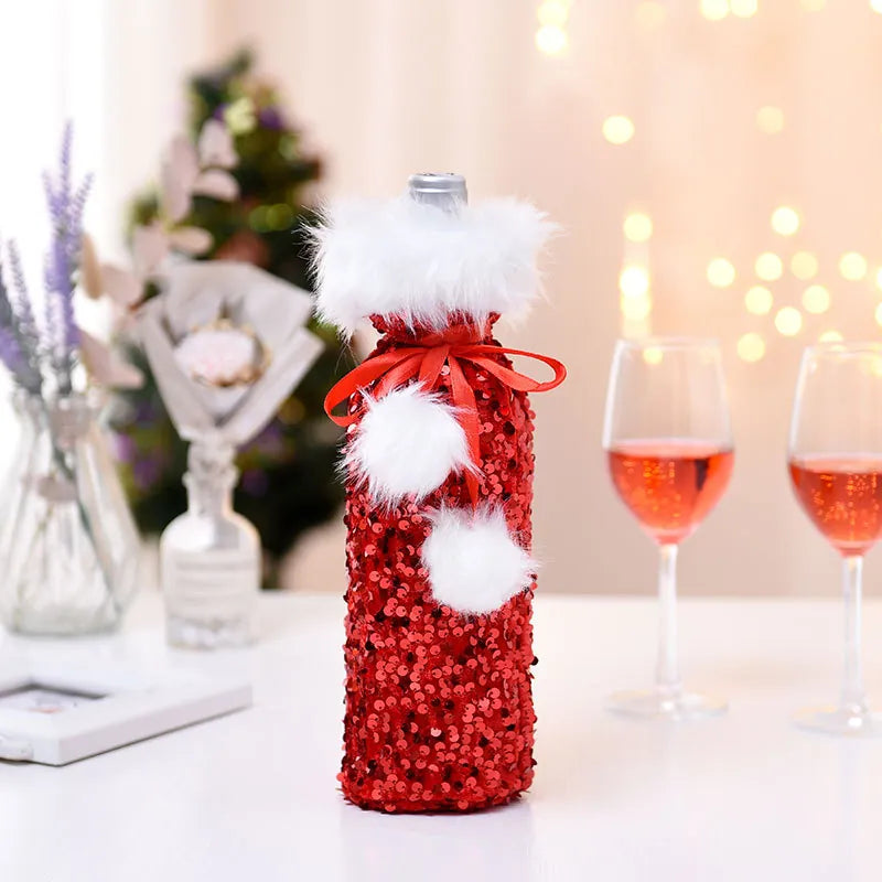 Red sequin Christmas wine bottle cover with white plush trim and festive ribbon bow