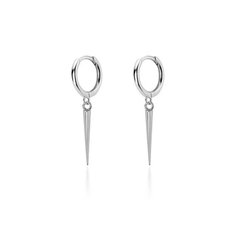 Silver long slim spike huggie hoop earrings with sterling silver posts