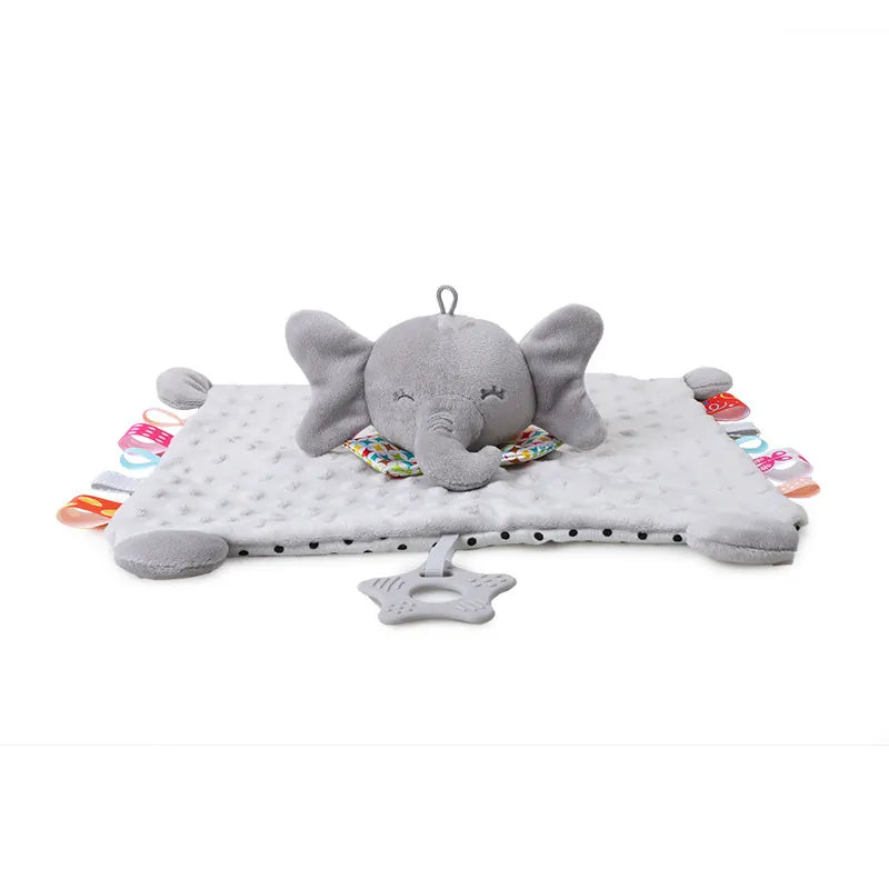 Grey elephant baby security blanket in soft minky dot plush with sensory tags and star teether