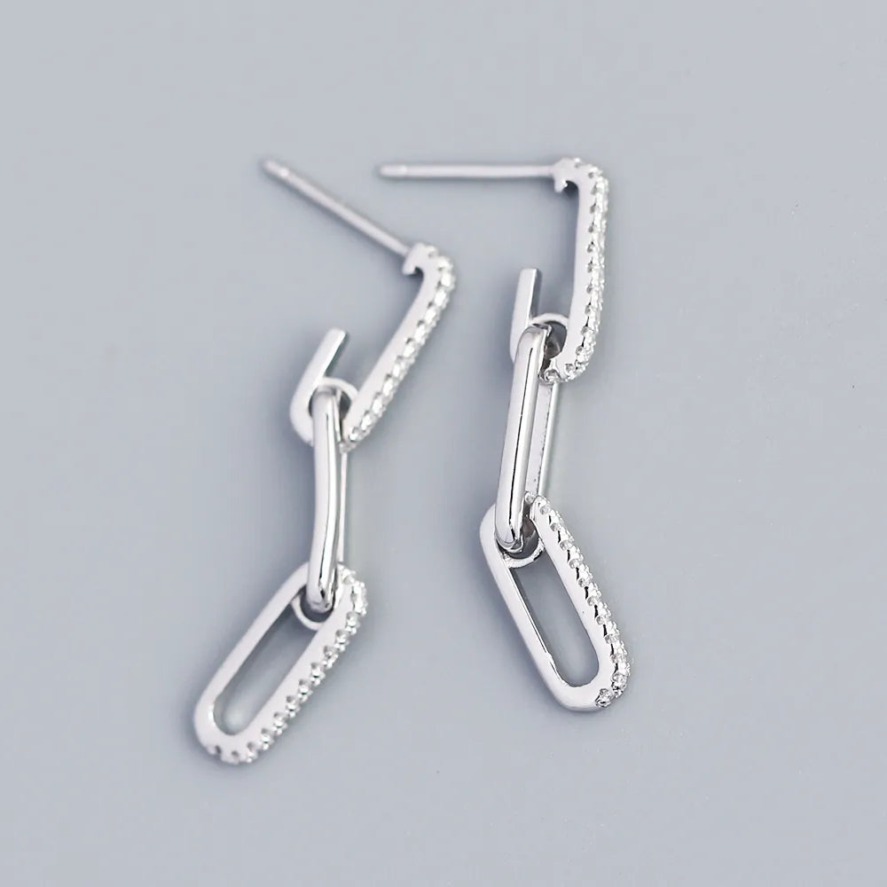 Silver 925 sterling silver geometric chain-link drop earrings paved with white zircon rhinestones