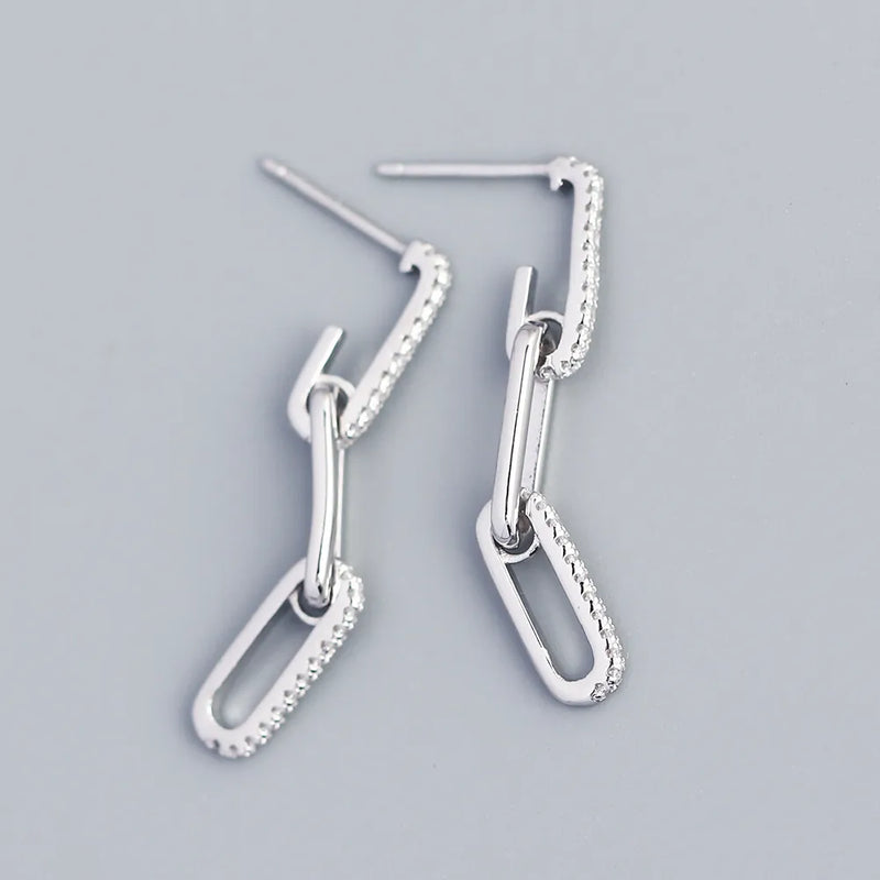Silver 925 sterling silver geometric chain-link drop earrings paved with white zircon rhinestones