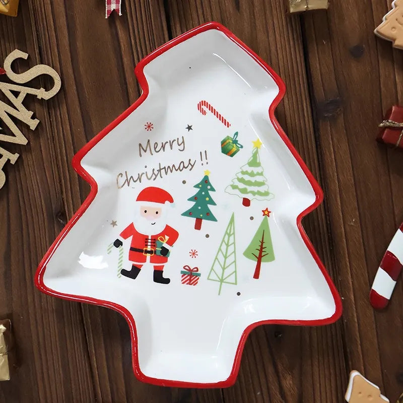 Hand-painted Christmas tree shaped ceramic dessert plate with Santa and red border design
