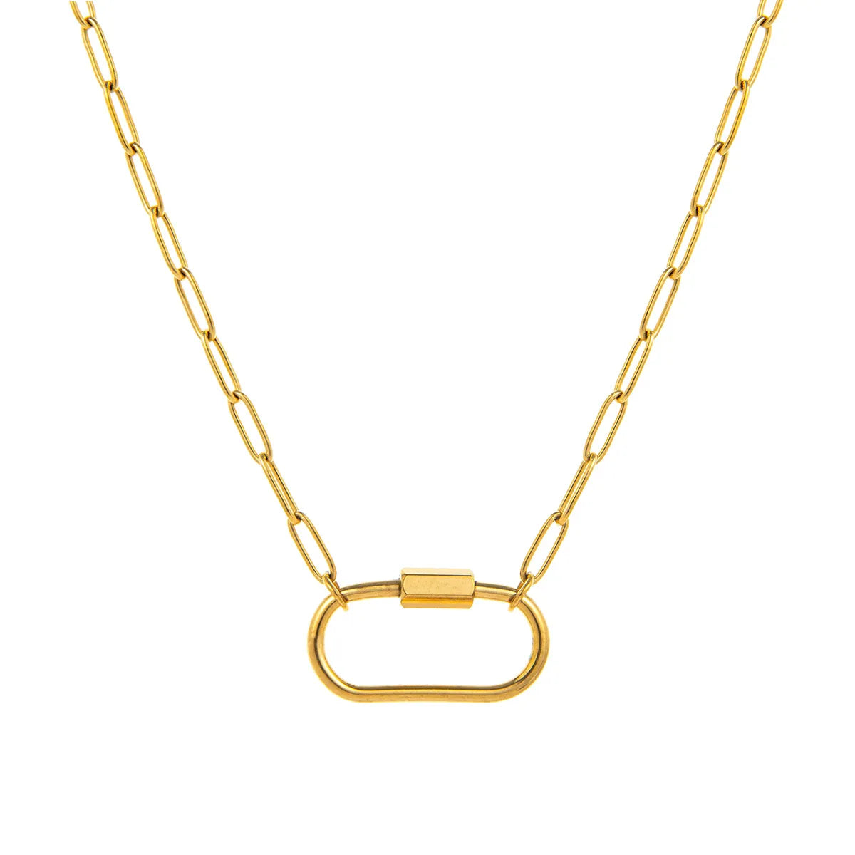 18K gold plated paperclip carabiner chain necklace with rectangular links and oval clasp