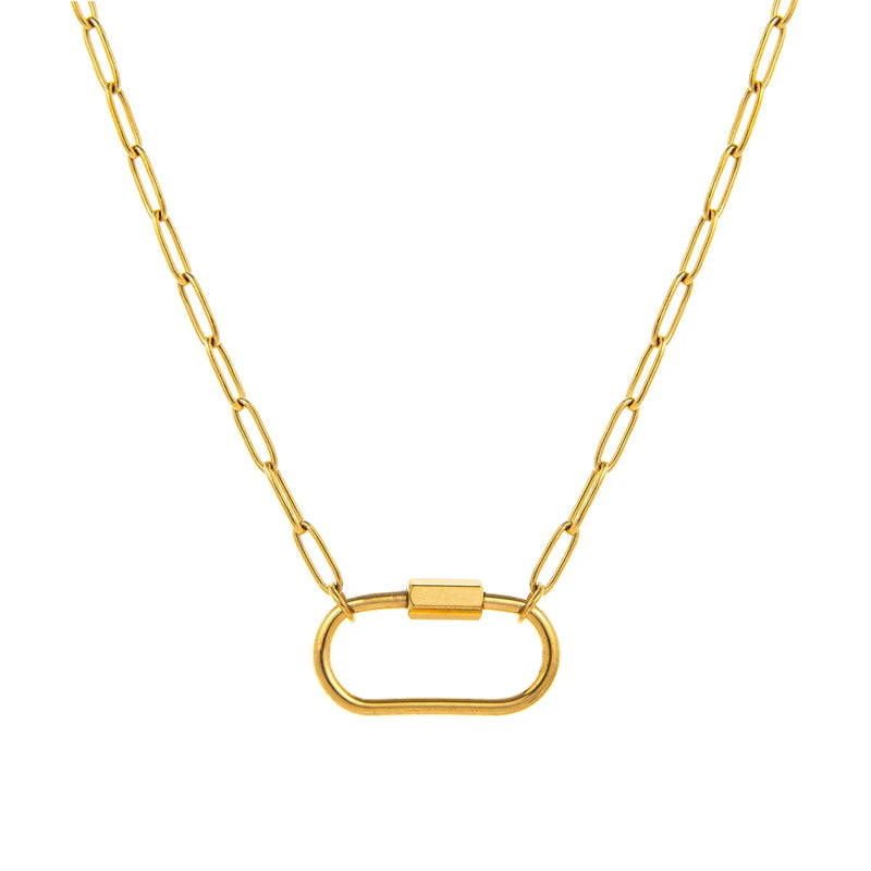 18K gold plated paperclip carabiner chain necklace with rectangular links and oval clasp