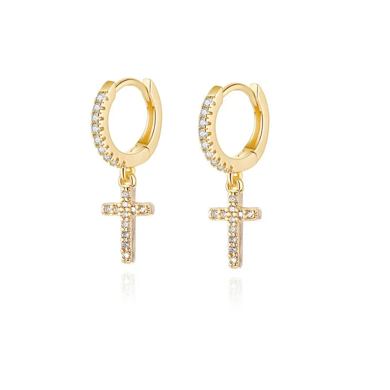 Gold fully pavé zircon cross hoop earrings with sterling silver posts