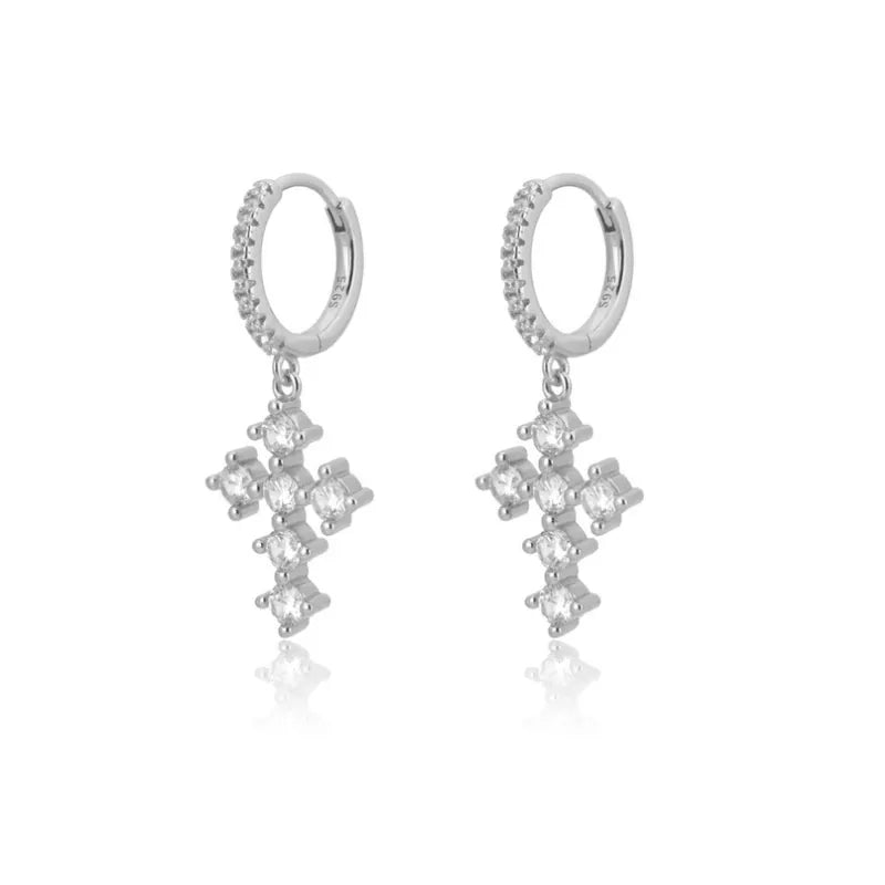 Silver pavé zircon cross hoop earrings with sterling silver posts