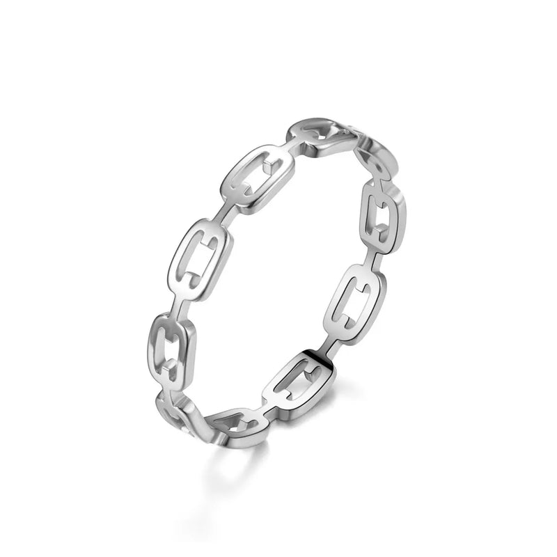 Silver titanium steel hollow chain link ring with a polished mirror finish