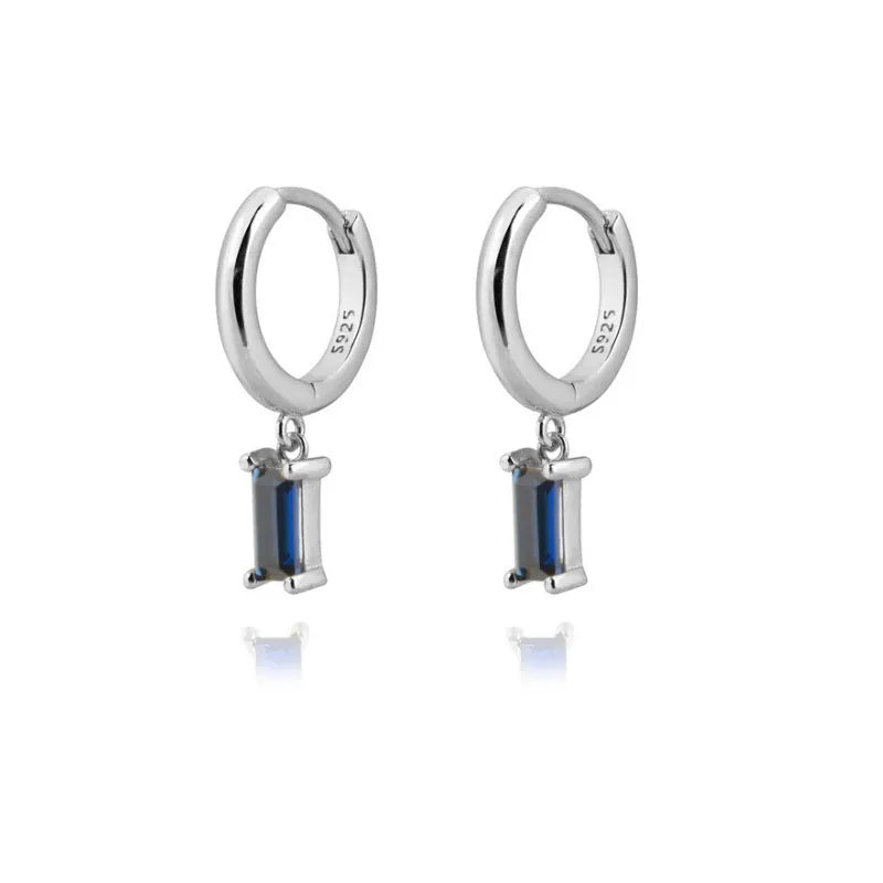 Silver hoop earrings with deep blue rectangle zircon drops and sterling silver posts