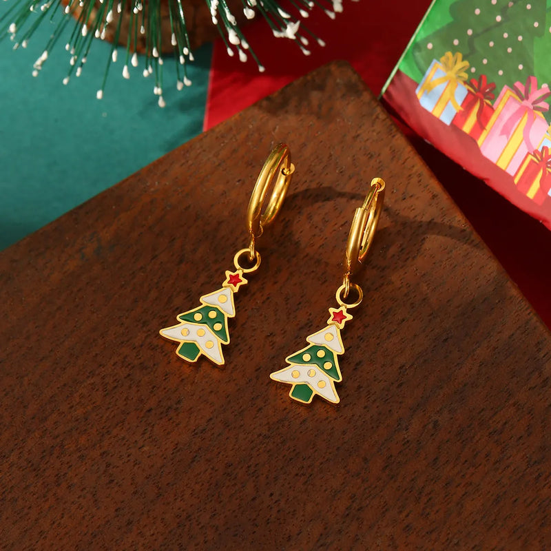 18K gold plated hoop earrings with colorful enamel Christmas tree dangle charms