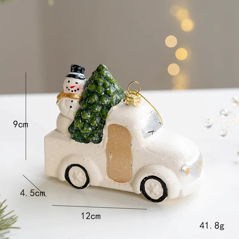 White and gold vintage pickup truck Christmas ornament with snowman and tree