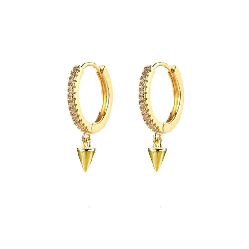 Gold cone drop hoop earrings with zircon pavé accent and sterling silver posts