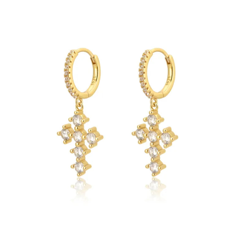 Gold pavé zircon cross hoop earrings with sterling silver posts