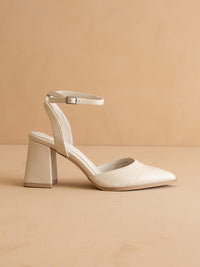 The Princess | White Pointed Toe Bridal Block Heel with Ankle Strap