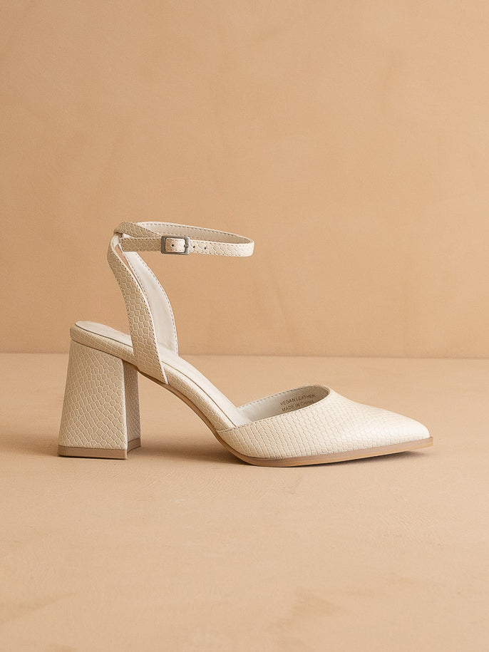 The Princess | White Pointed Toe Bridal Block Heel with Ankle Strap